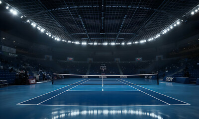 Empty indoor tennis court under artificial lighting