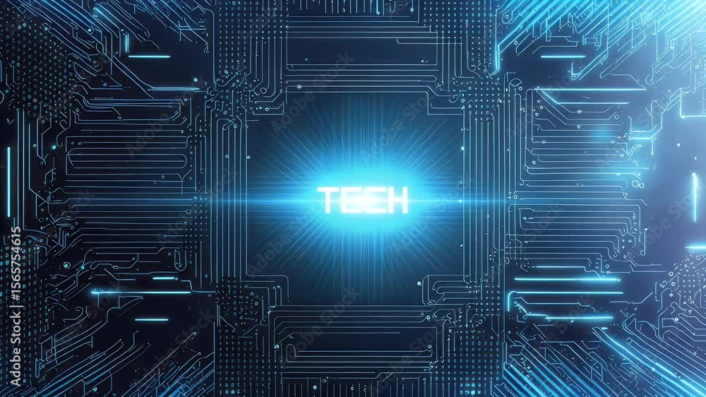 Poster illuminated futuristic digital circuit board design with tech text in bright blue glowing light and 