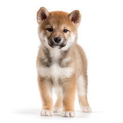 Obraz premium Adorable puppy standing confidently against a white background, showcasing its fluffy coat and playful demeanor