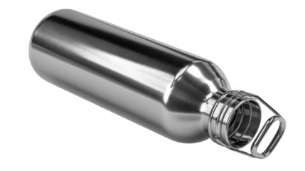 Shiny brushed metal water bottle with carry loop isolated on transparent background