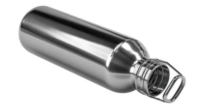Shiny brushed metal water bottle with carry loop isolated on transparent background