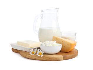Different fresh dairy products and chamomile flowers isolated on white
