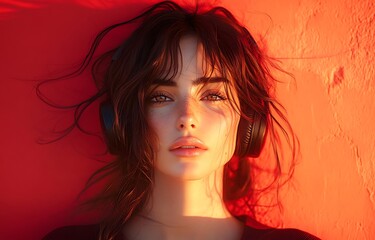 Naklejka premium Woman with Headphones, Red Background, Sunlit Portrait