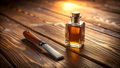 Straight Razor and Aftershave: A classic straight razor rests elegantly beside a bottle of amber aftershave on a rich, dark wooden surface, bathed in the warm glow of sunlight.
