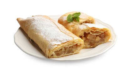 Tasty apple strudels with powdered sugar and mint isolated on white