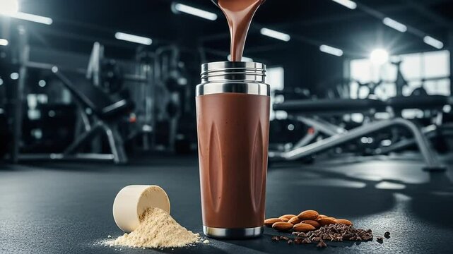 Pouring rich chocolate protein shake in gym shaker with ingredients in background fitness