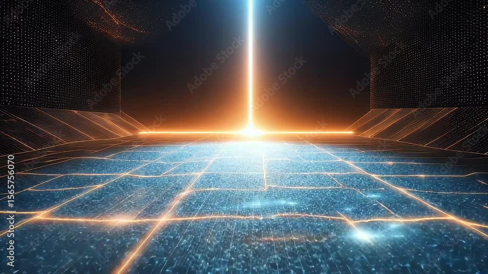 Poster abstract futuristic digital tunnel with glowing neon lights. blue and orange neon lights on a dark b