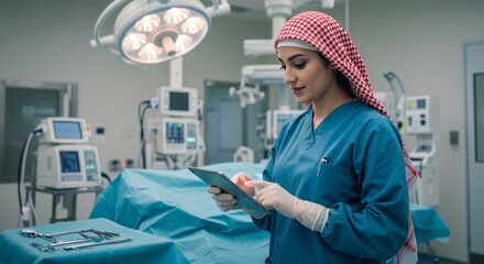 Focused female surgeon in scrubs uses a tablet in a modern operating room, showcasing technological integration in healthcare.
