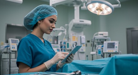 Focused surgeon uses a tablet in a modern operating room, reviewing patient data before a procedure.