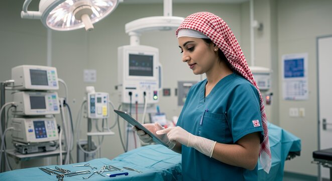 Focused female surgeon uses a tablet in a modern operating room, showcasing advanced medical technology and digital healthcare.