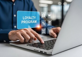 Loyalty program concept, Customer Engagement. Businessman using laptop computer with loyalty program icon on virtual screen.