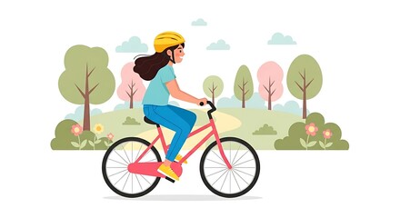 A woman riding a pink bicycle wearing a yellow helmet in a park with trees and green grass area
