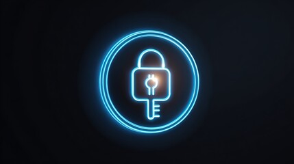 Illuminated neon emblem of a padlock and key, circular frame, symbolizing security and access