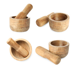 Wooden mortar and pestle isolated on white, collage. Top and side view