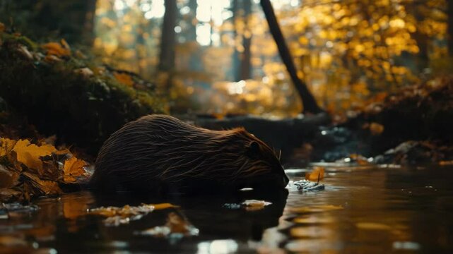 A brown beaver is in the water. It is drinking water. There are leaves on the ground