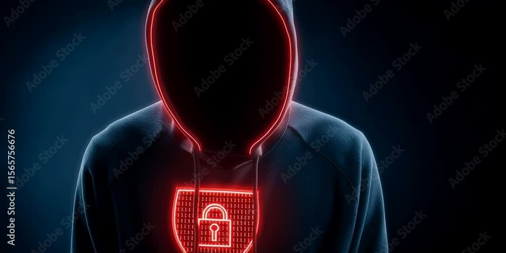 Aufkleber a man in a black hoodie with a red glowing shield on his chest and a padlock icon inside it represen