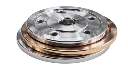 Stack of shiny metal weight plates with silver and bronze finishes isolated on transparent background