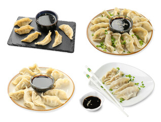Tasty boiled gyoza (dumplings) on white background, collage