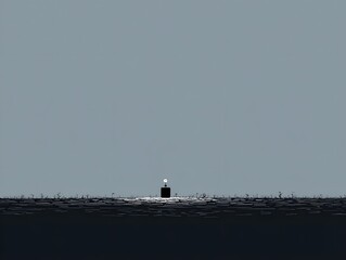 Obraz premium A solitary submarine surfaces from the ocean, a symbol of secrecy and naval power, framed against a vast, monochromatic sky, creating a minimalist yet striking scene.