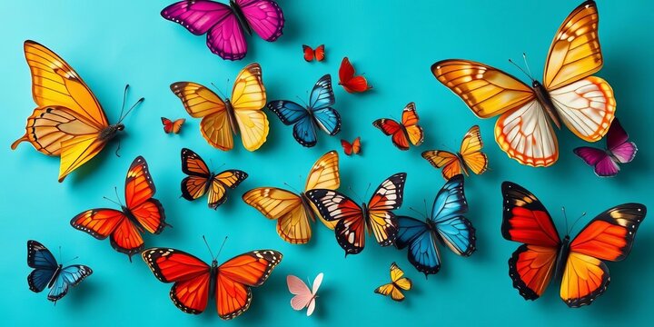 Vibrant flat butterflies in diverse colors, showcasing elegant flight & abstract wing silhouettes ,  insect,  moths