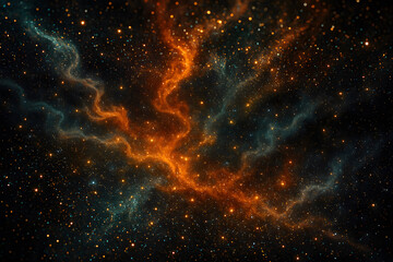 Naklejka premium Vibrant, swirling orange and teal nebulae are interwoven with countless glittering stars, creating a mesmerizing cosmic landscape
