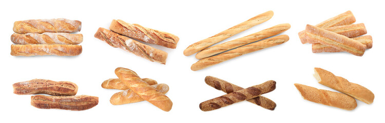 Different types of fresh baguettes isolated on white, collage