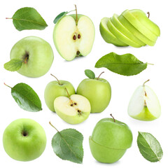Fresh green apple fruits and leaves isolated on white, collage