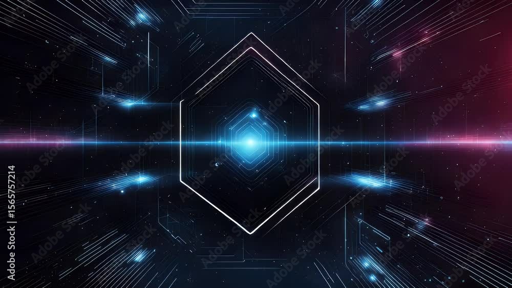 Poster abstract digital tunnel with glowing red and blue geometric shapes and lines creating a futuristic a