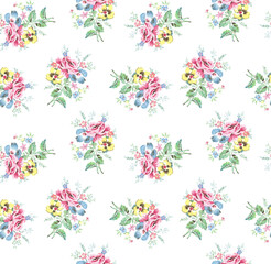 Seamless pattern with watercolor rose bouquets on white background. Perfect for fabric textile, wallpaper and wrapping paper.