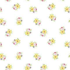 Watercolor floral seamless pattern with and leaves. Spring colorful decor with hand drawn rose on white background