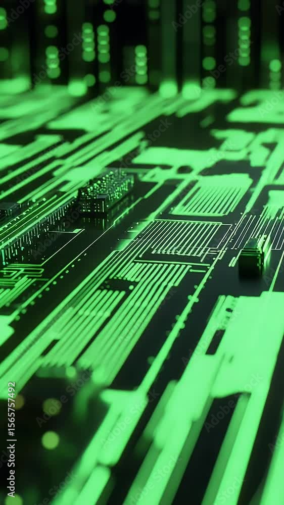 Poster illuminated digital circuit board with green glowing lines representing data flow in vertical format