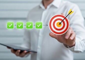 Business strategy planning concept. Quality management, Quality control assessment, business process and workflow development. Businessman touching target goal icon with correct checklist.