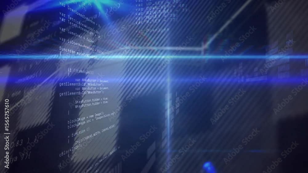 Aufkleber opening blue scanbars pulsing and code text fading line graph tracing and bars rising for dashboard