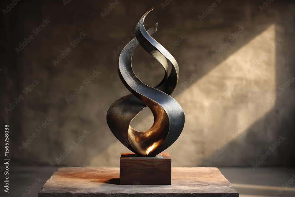 Poster a modern metal sculpture with twisting shapes on a wooden base in a studio setting with soft lightin