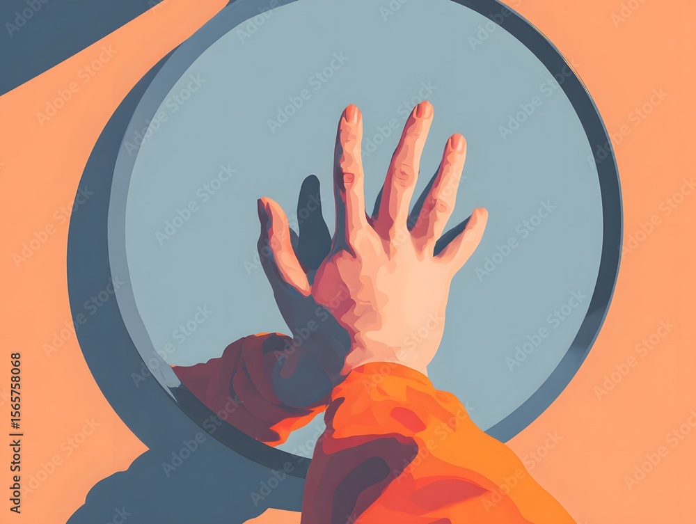 Poster an artistic shot capturing the hand in front of a light blue circle, casting a long shadow and creat