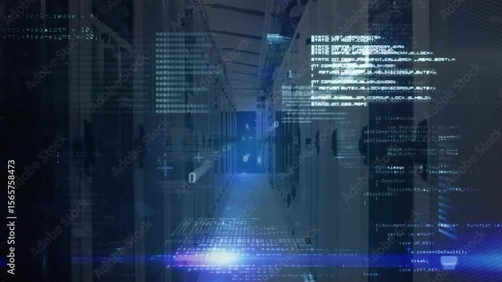 Poster lens flare activating code panels materializing, drifting through server corridor showing data flow