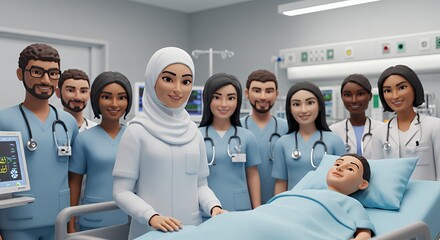 Diverse medical team surrounds a patient, showcasing a supportive and caring hospital environment.