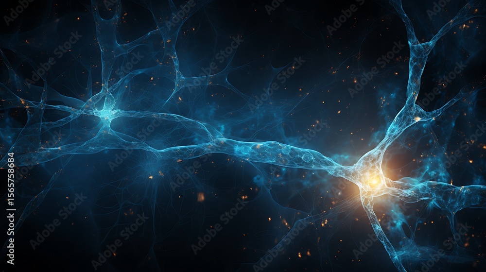 Poster abstract blue network with glowing center and scattered particles in a dark space background