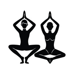  2 people yoga poses.Yoga Poses Man and Woman in Peaceful Meditation Silhouettes