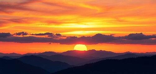 Obraz premium Vector illustration of a sunset over majestic mountains, ideal for wallpaper, fabric, or wall art, scenic, artwork