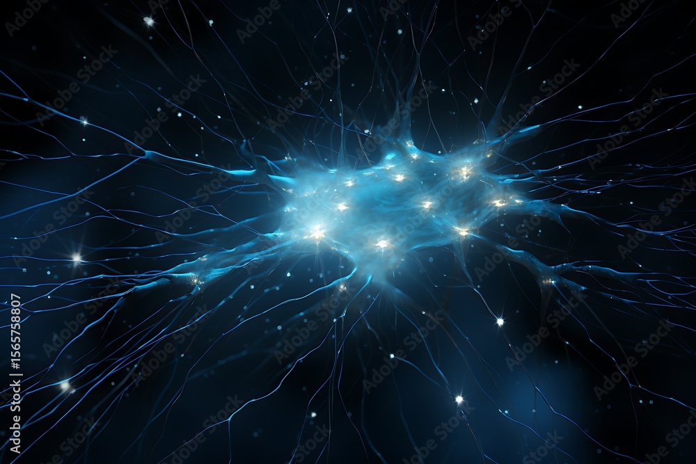 Poster abstract representation of a neuron with glowing center and branching connections in dark space