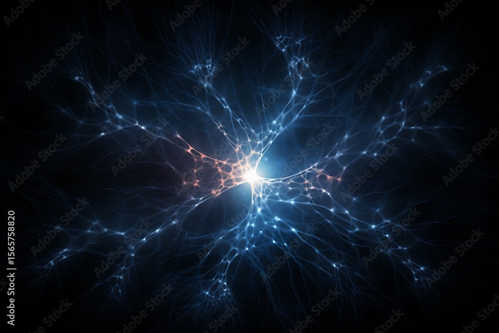 Poster abstract representation of a neuron with glowing blue and white branching connections on dark backgr
