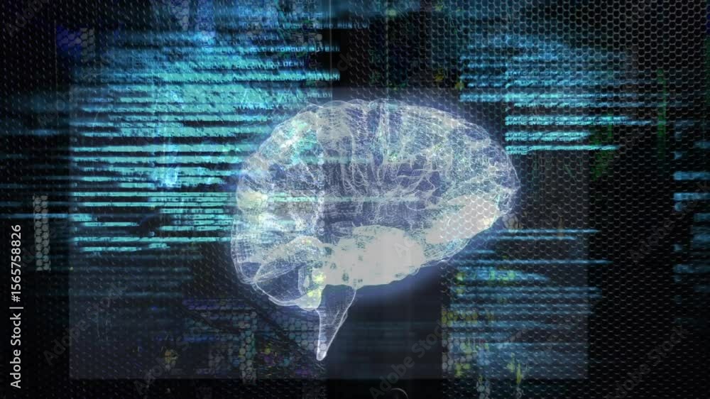 Poster opening holographic brain glowing, rotating with nodes pulsing and code scrolling showing data flow