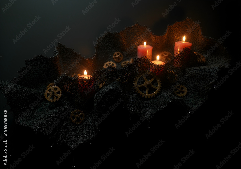 Poster candles and gears on dark netting