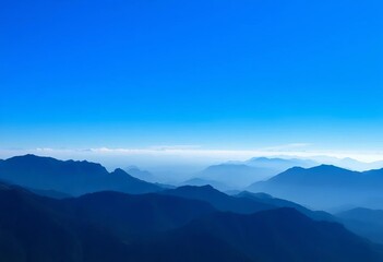 Fototapeta premium Vast misty mountain range silhouette, vibrant blue sky, panoramic vector art, aerial, alpine
