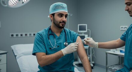 Focused medical professional administers an injection to a patient's arm in a sterile hospital setting.