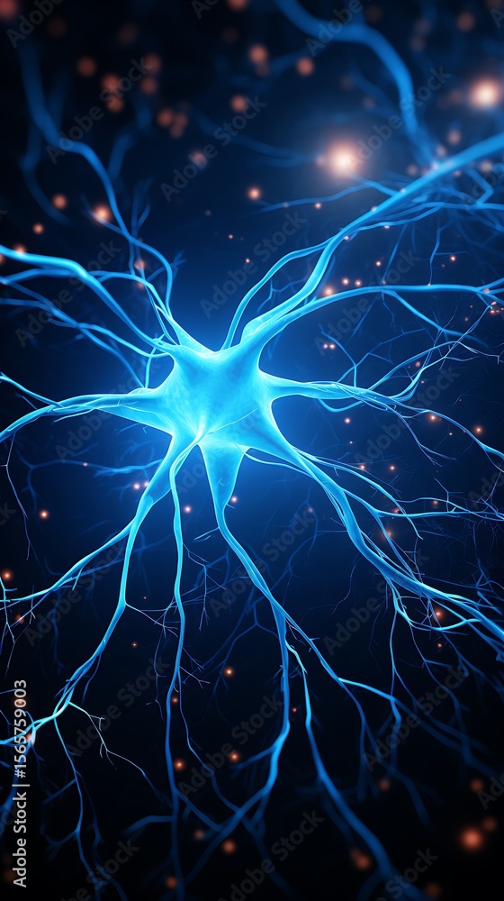Poster illuminated neuron cell with branches against a dark background with glowing particles around it