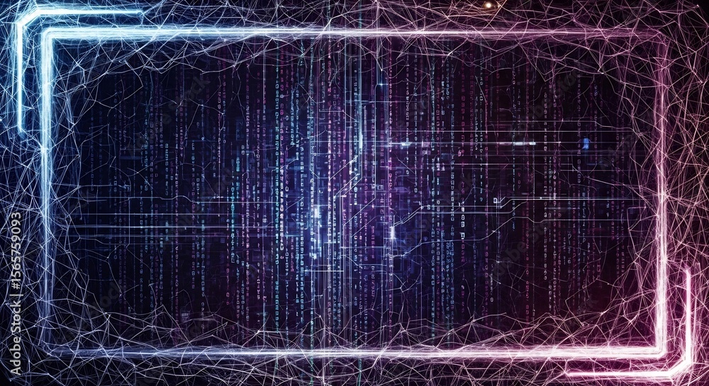 Poster cybernetic matrix: glowing frame encapsulating digital code and neural network