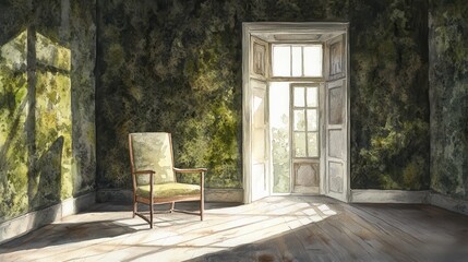Sunlight streams into a sunlit room with an antique chair.