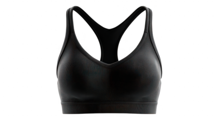 Sleek black sports bra with racerback design isolated on transparent background